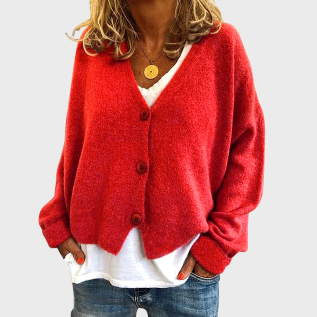 Women's Relaxed-Fit V-Neck Button-Up Knit Cardigan - Red
