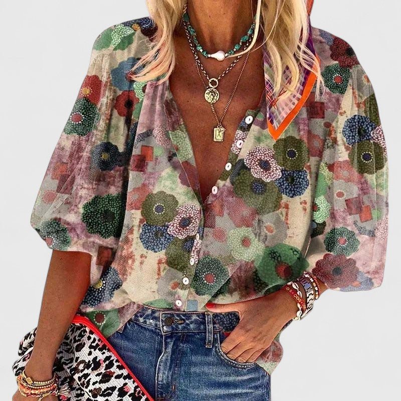Women's Relaxed-Fit V-Neck Floral Print Button-Down Blouse - Green
