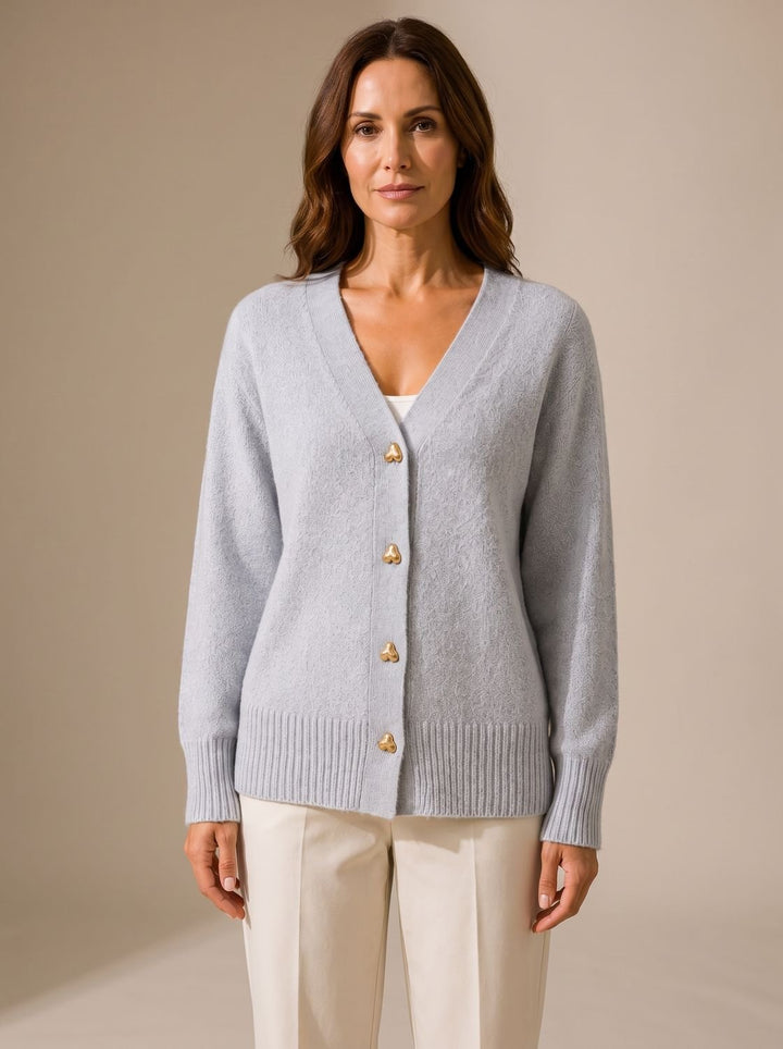 Women's Relaxed-Fit V-Neck Gold Heart-Button Knitwear Cardigan - Gray