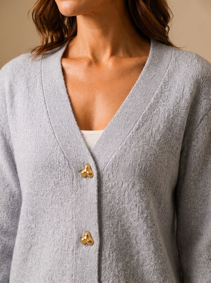 Women's Relaxed-Fit V-Neck Gold Heart-Button Knitwear Cardigan