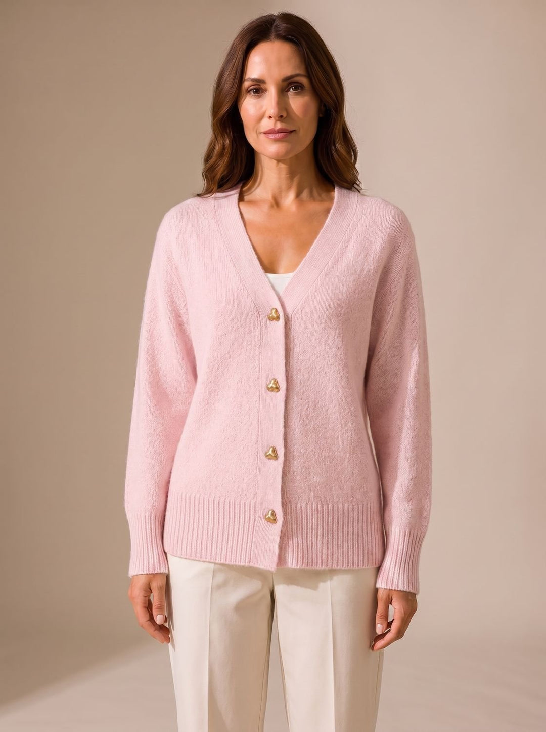 Women's Relaxed-Fit V-Neck Gold Heart-Button Knitwear Cardigan - Pink