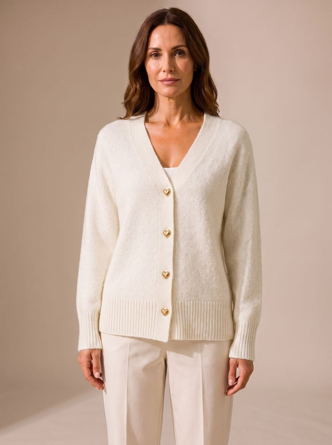 Women's Relaxed-Fit V-Neck Gold Heart-Button Knitwear Cardigan - Cream