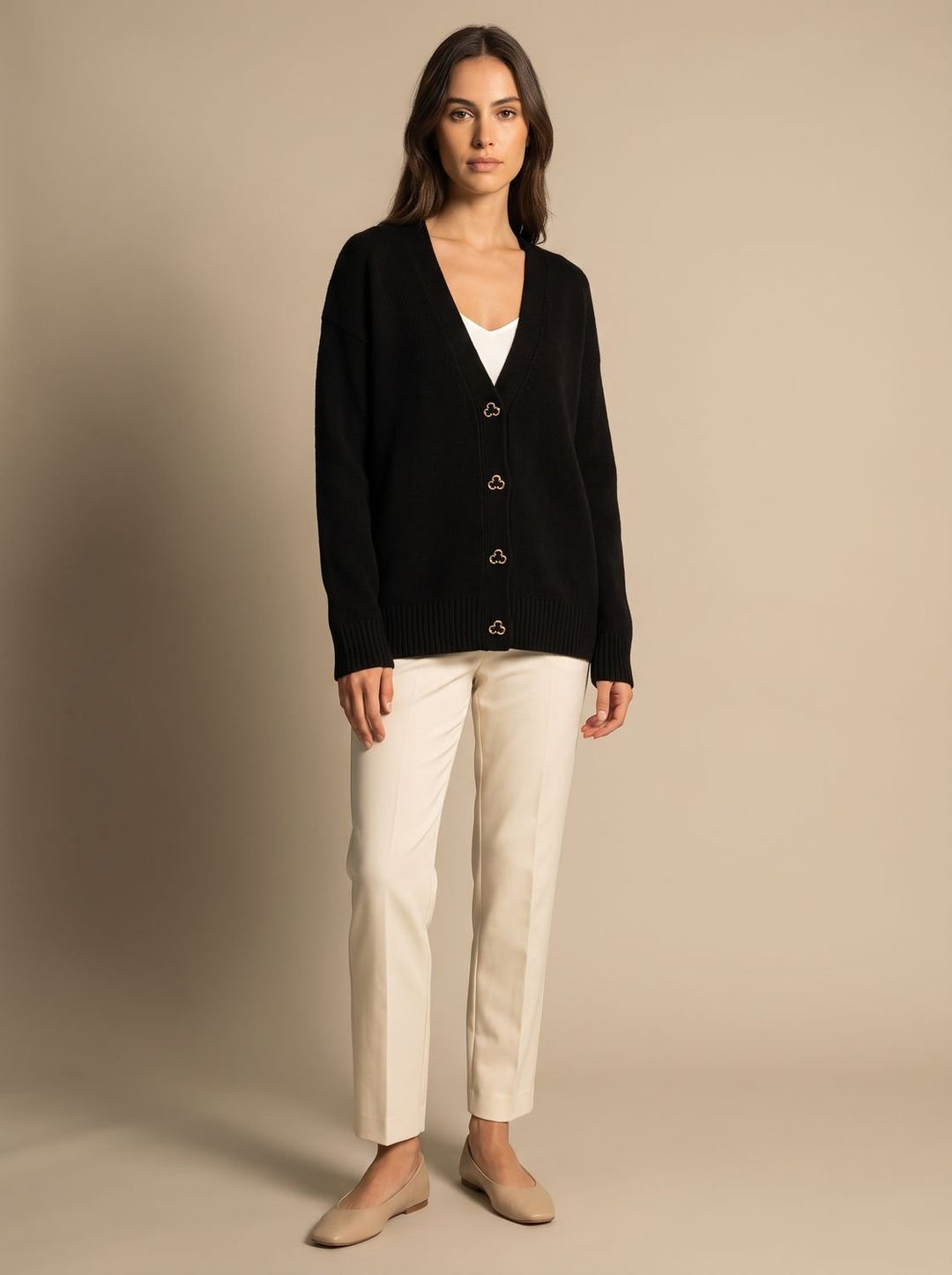 Women's Relaxed-Fit V-Neck Gold Heart-Button Knitwear Cardigan - Black