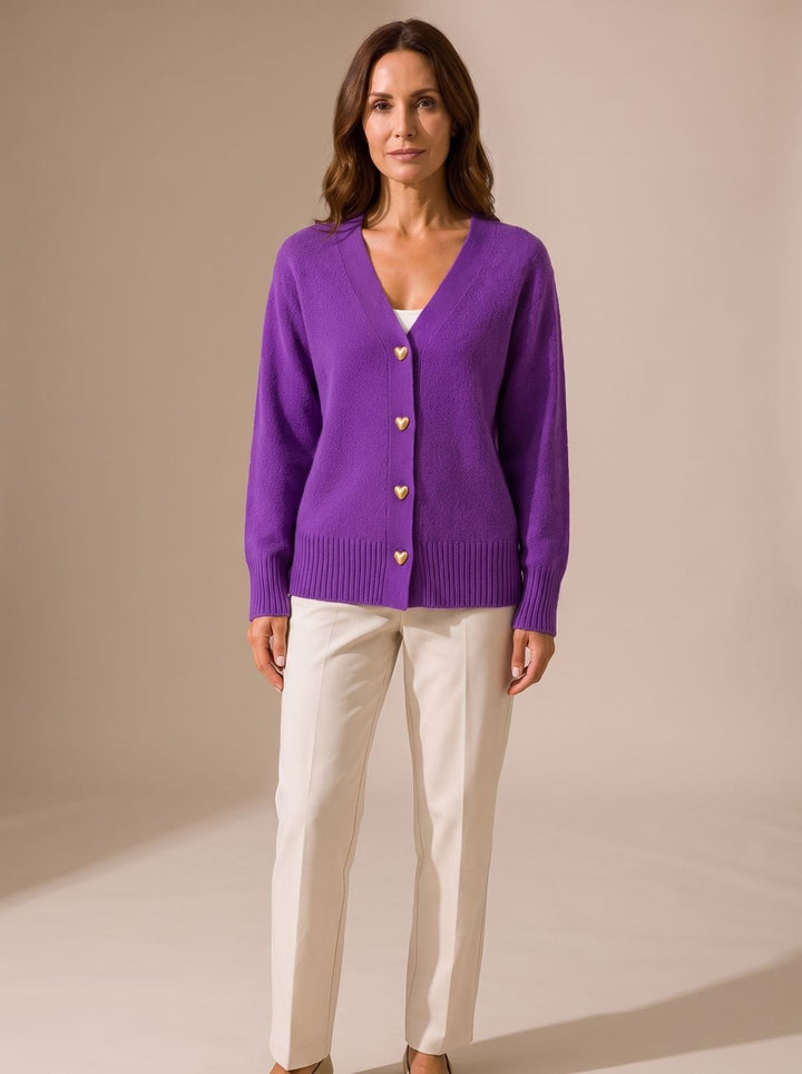 Women's Relaxed-Fit V-Neck Gold Heart-Button Knitwear Cardigan - Purple
