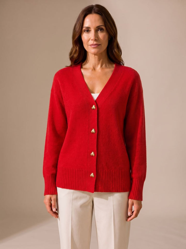Women's Relaxed-Fit V-Neck Gold Heart-Button Knitwear Cardigan - Red