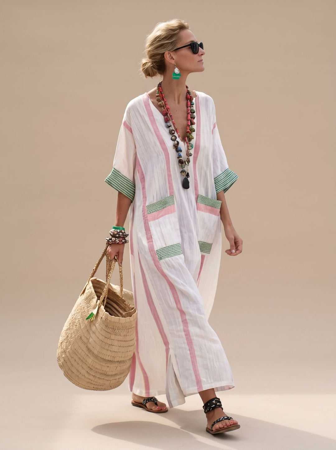 Women's Relaxed-Fit V-Neck Striped Formal Maxi Dress - White Light Pink