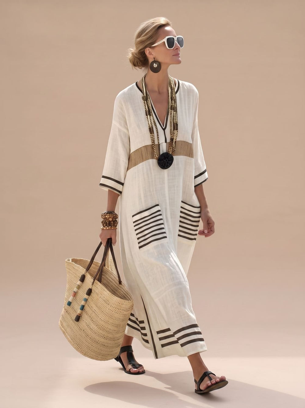 Women's Relaxed-Fit V-Neck Striped Formal Maxi Dress - Beige Black