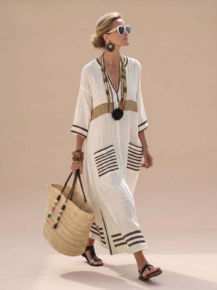 Women's Relaxed-Fit V-Neck Striped Formal Maxi Dress - Beige Black
