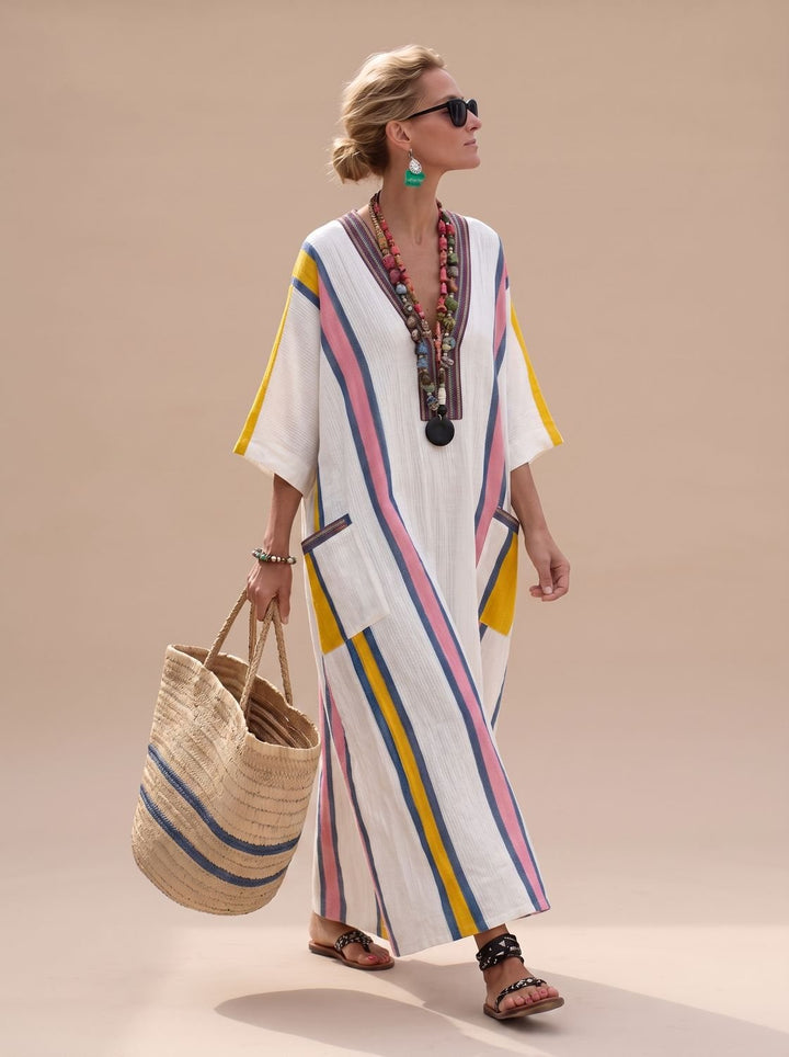 Women's Relaxed-Fit V-Neck Striped Formal Maxi Dress - White Pink
