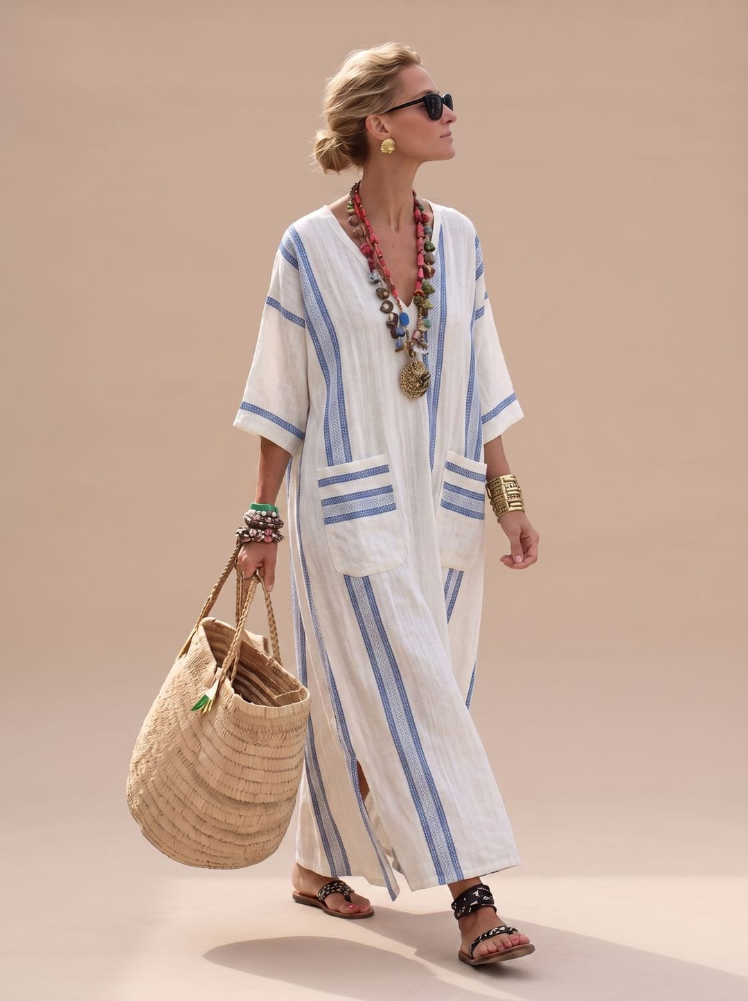 Women's Relaxed-Fit V-Neck Striped Formal Maxi Dress - Beige Light Blue