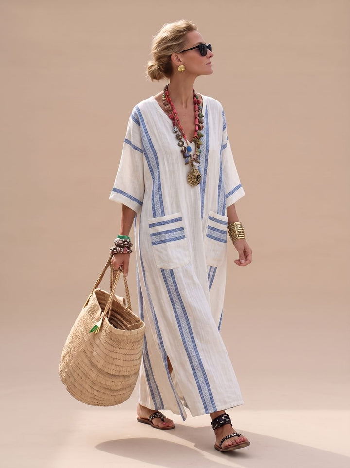 Women's Relaxed-Fit V-Neck Striped Formal Maxi Dress - Beige Light Blue