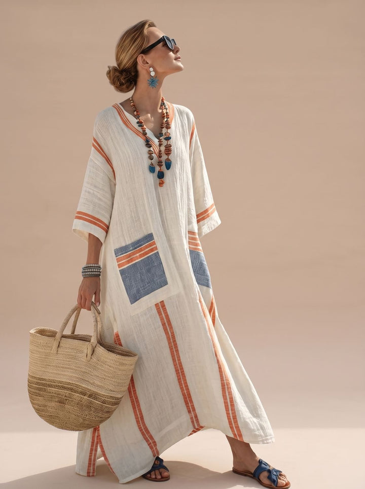 Women's Relaxed-Fit V-Neck Striped Formal Maxi Dress - Beige Orange