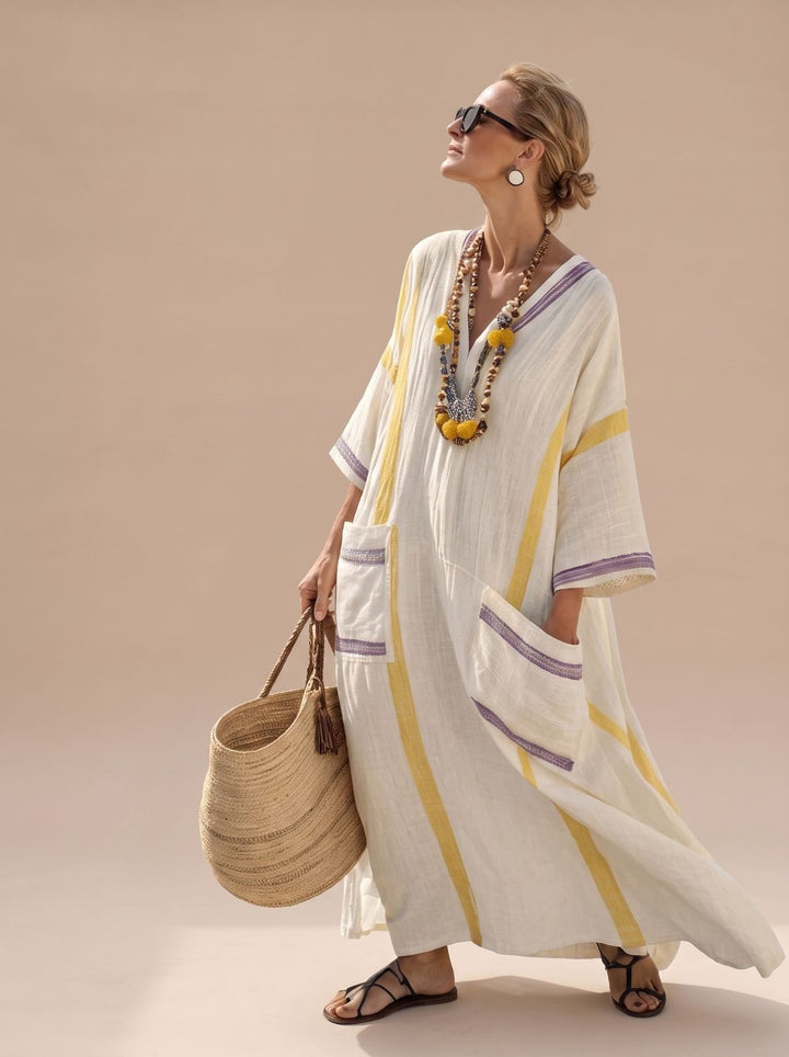 Women's Relaxed-Fit V-Neck Striped Formal Maxi Dress - Beige Yellow