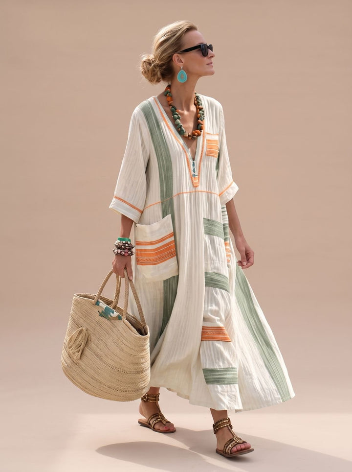 Women's Relaxed-Fit V-Neck Striped Formal Maxi Dress - Beige Green