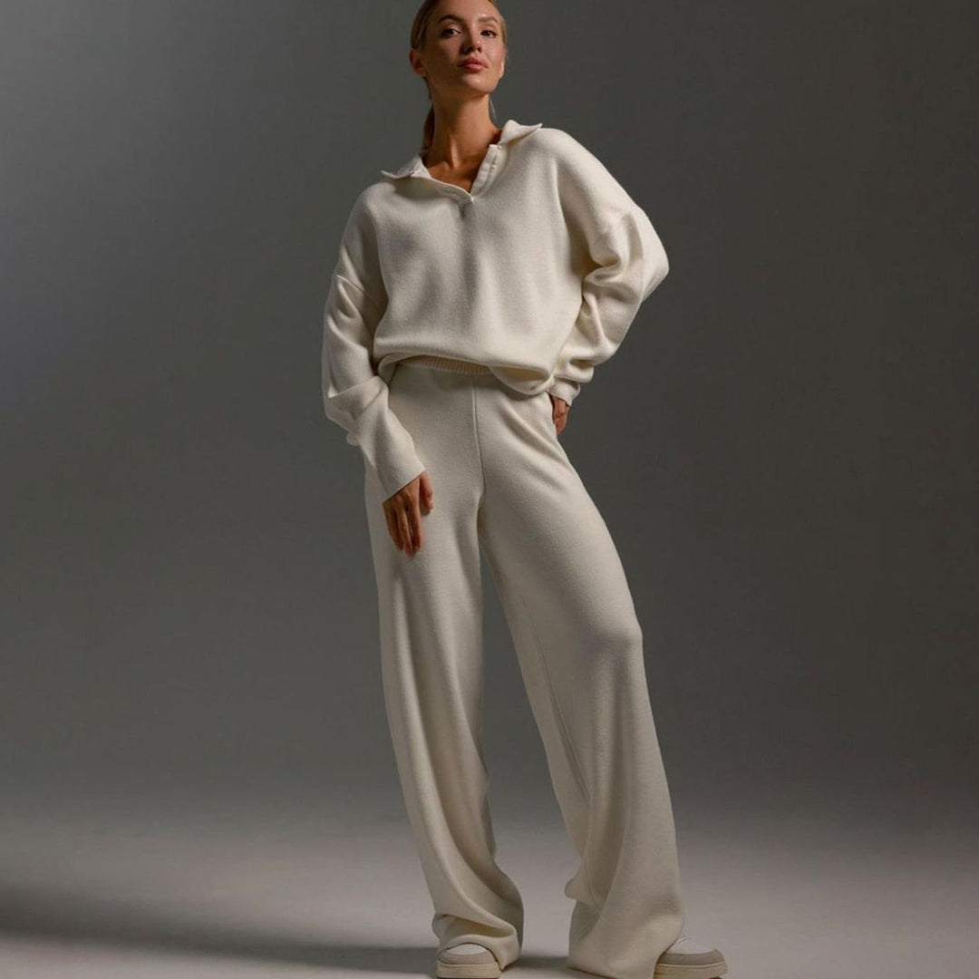 Women's Relaxed-Fit Wide-Leg Quarter-Zip Winter Lounge Set - Beige