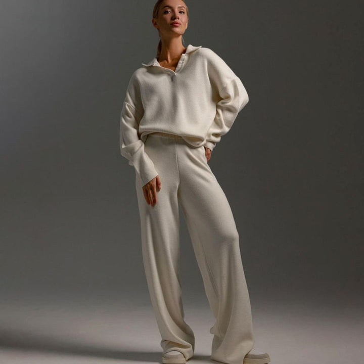 Women's Relaxed-Fit Wide-Leg Quarter-Zip Winter Lounge Set - Beige