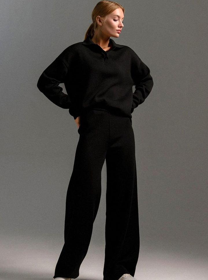 Women's Relaxed-Fit Wide-Leg Quarter-Zip Winter Lounge Set - Black