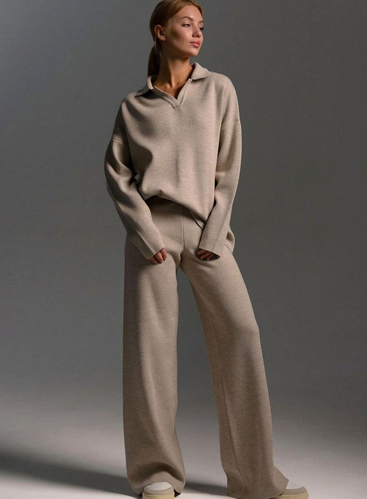 Women's Relaxed-Fit Wide-Leg Quarter-Zip Winter Lounge Set - Khaki