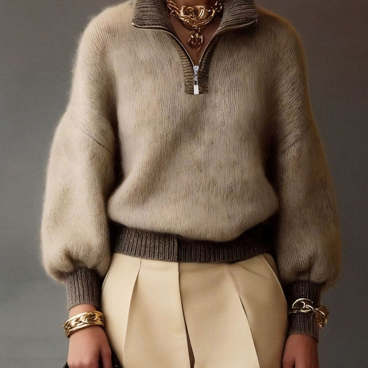 Women's Relaxed Half-Zip Fuzzy Knit Pullover Sweater - Khaki