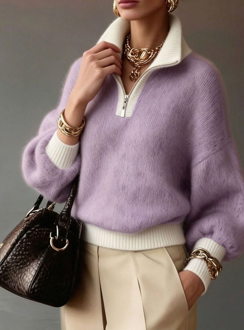 Women's Relaxed Half-Zip Fuzzy Knit Pullover Sweater