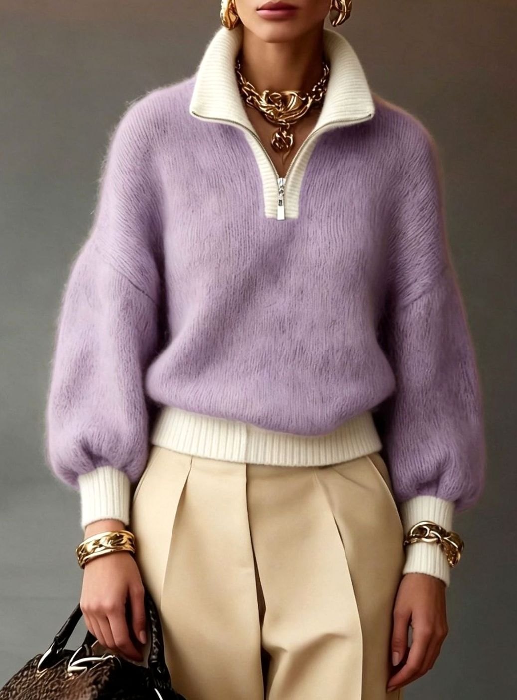 Women's Relaxed Half-Zip Fuzzy Knit Pullover Sweater
