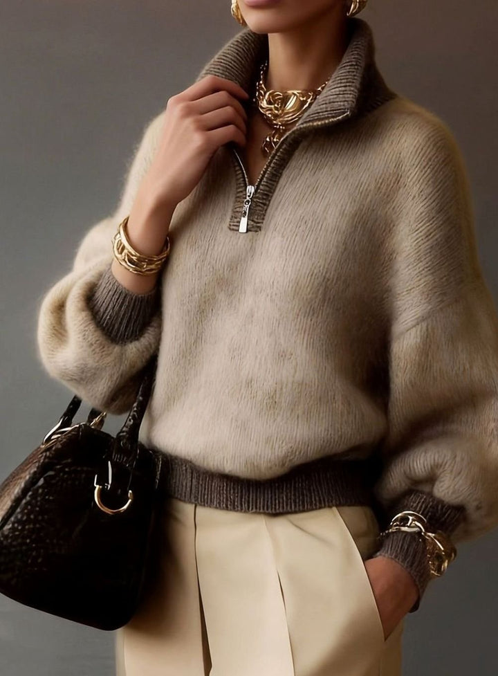 Women's Relaxed Half-Zip Fuzzy Knit Pullover Sweater