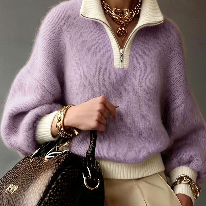 Women's Relaxed Half-Zip Fuzzy Knit Pullover Sweater - Lavender