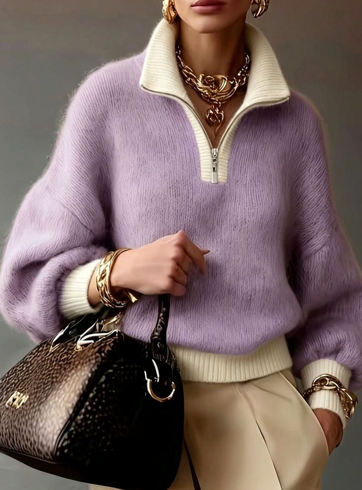Women's Relaxed Half-Zip Fuzzy Knit Pullover Sweater
