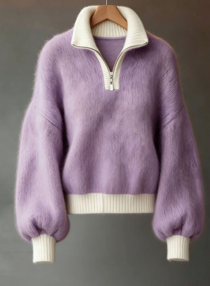 Women's Relaxed Half-Zip Fuzzy Knit Pullover Sweater