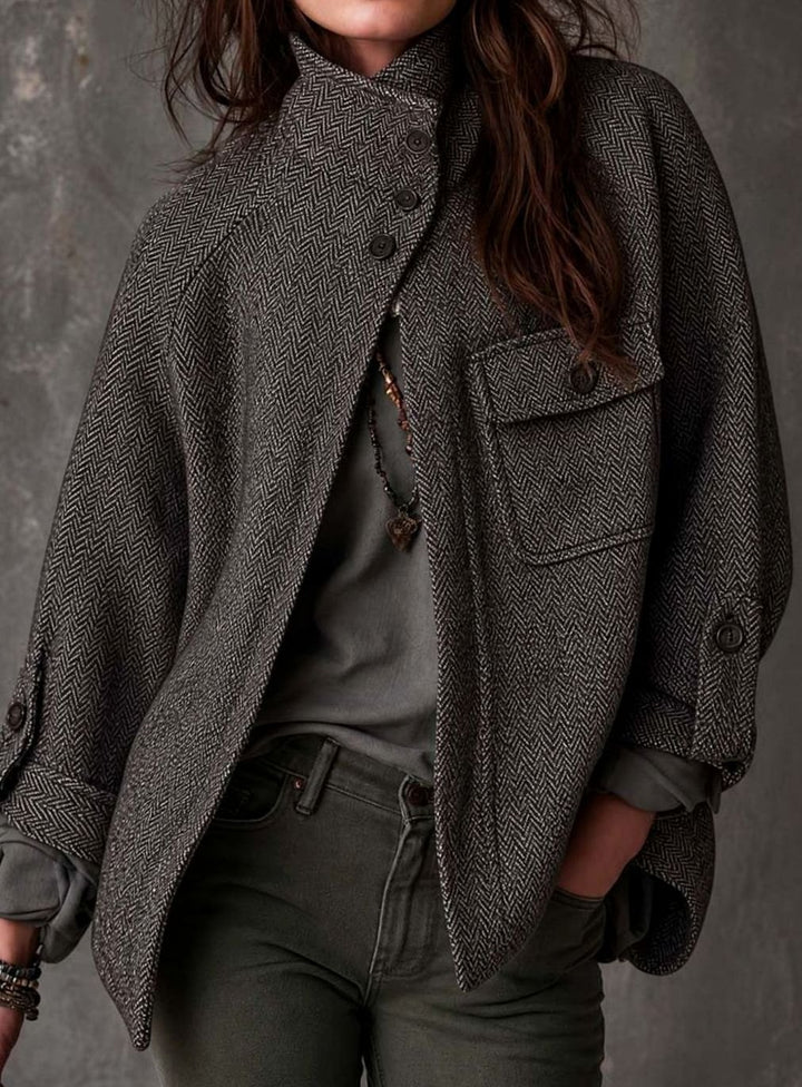 Women's Relaxed Herringbone Funnel-Neck Button Jacket - Gray