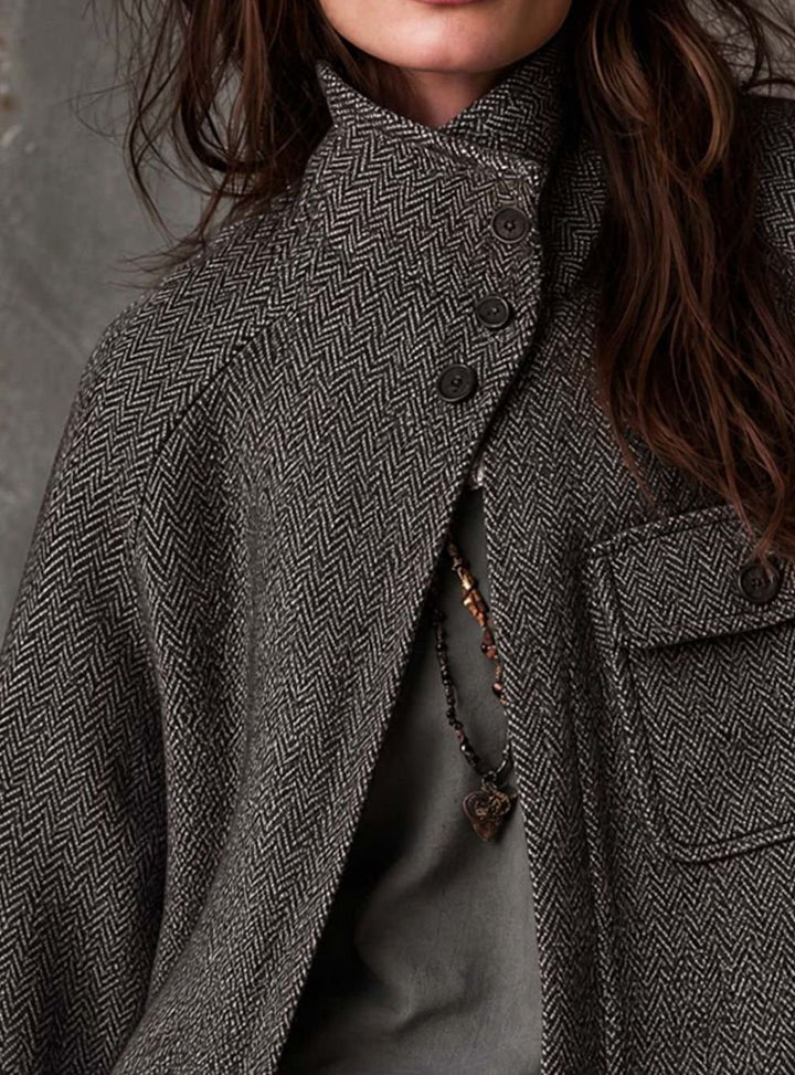 Women's Relaxed Herringbone Funnel-Neck Button Jacket