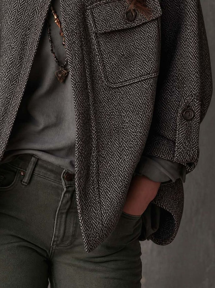 Women's Relaxed Herringbone Funnel-Neck Button Jacket