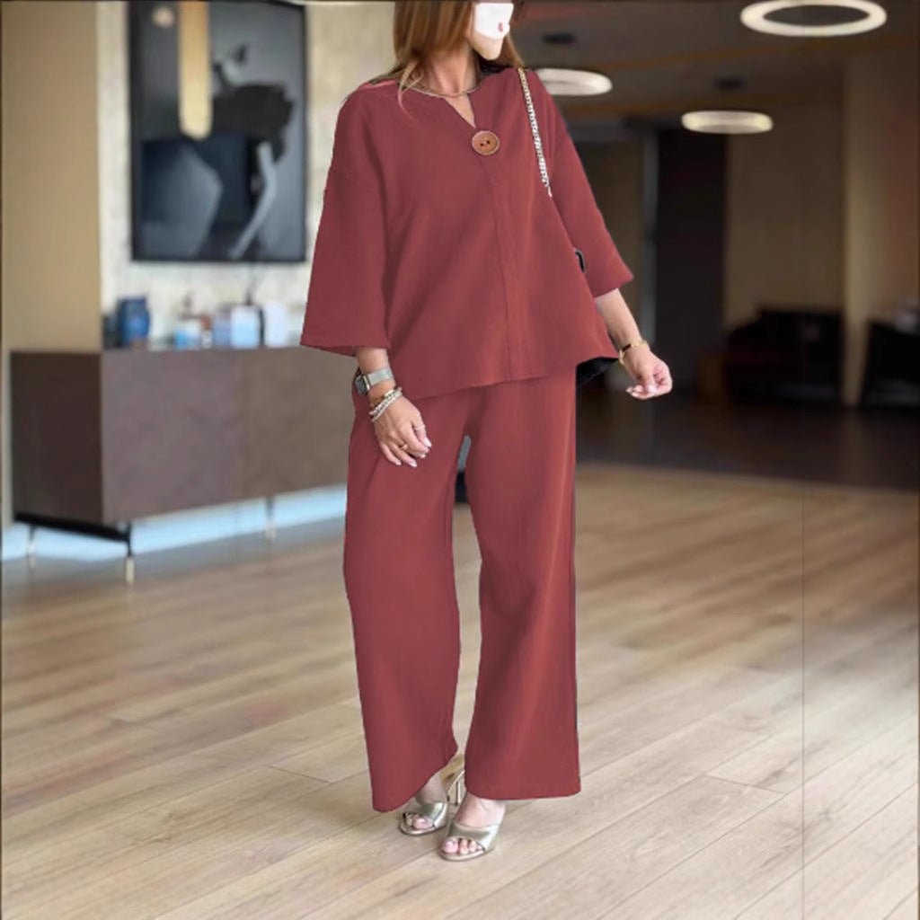 Women's Relaxed Linen-Look 3/4 Sleeve Tunic Wide-Leg Pants Set - Bordeaux