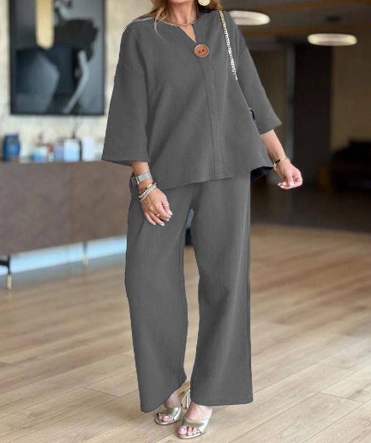 Women's Relaxed Linen-Look 3/4 Sleeve Tunic Wide-Leg Pants Set - Grau
