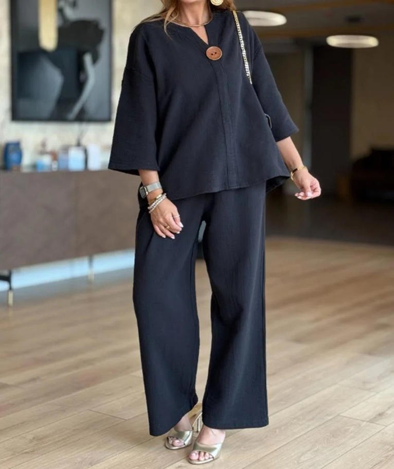Women's Relaxed Linen-Look 3/4 Sleeve Tunic Wide-Leg Pants Set - Schwarz