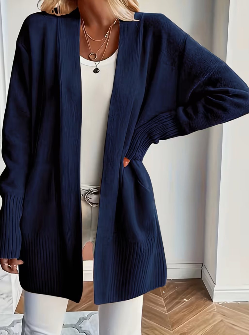 Women's Relaxed Open-Front Knit Cardigan Sweater - Navy