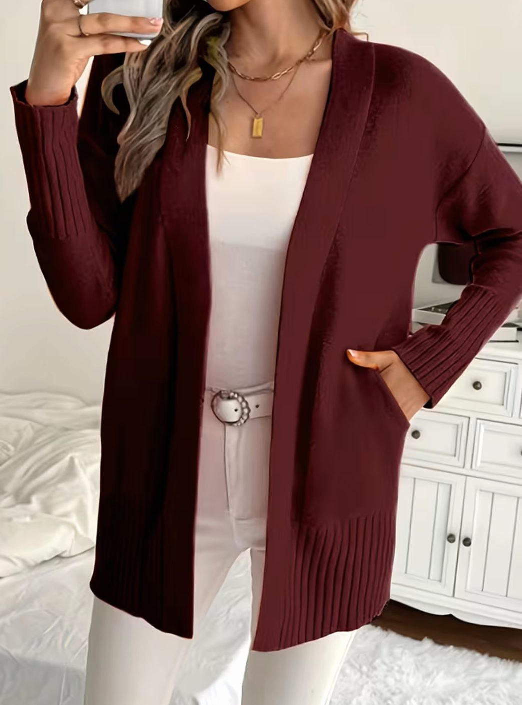 Women's Relaxed Open-Front Knit Cardigan Sweater - Burgundy