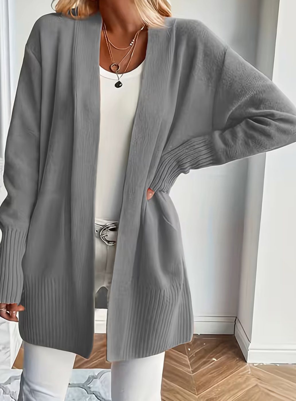 Women's Relaxed Open-Front Knit Cardigan Sweater - Grey
