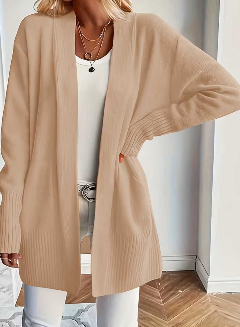 Women's Relaxed Open-Front Knit Cardigan Sweater - Khaki