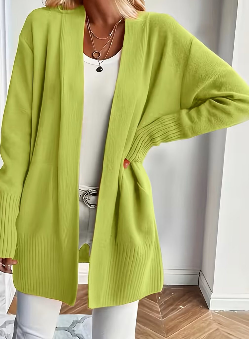 Women's Relaxed Open-Front Knit Cardigan Sweater - Greenish Yellow