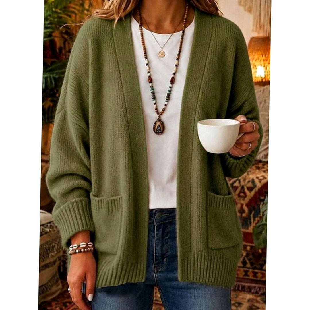 Women's Relaxed Open-Front Knit Cardigan Sweater Pockets - Green