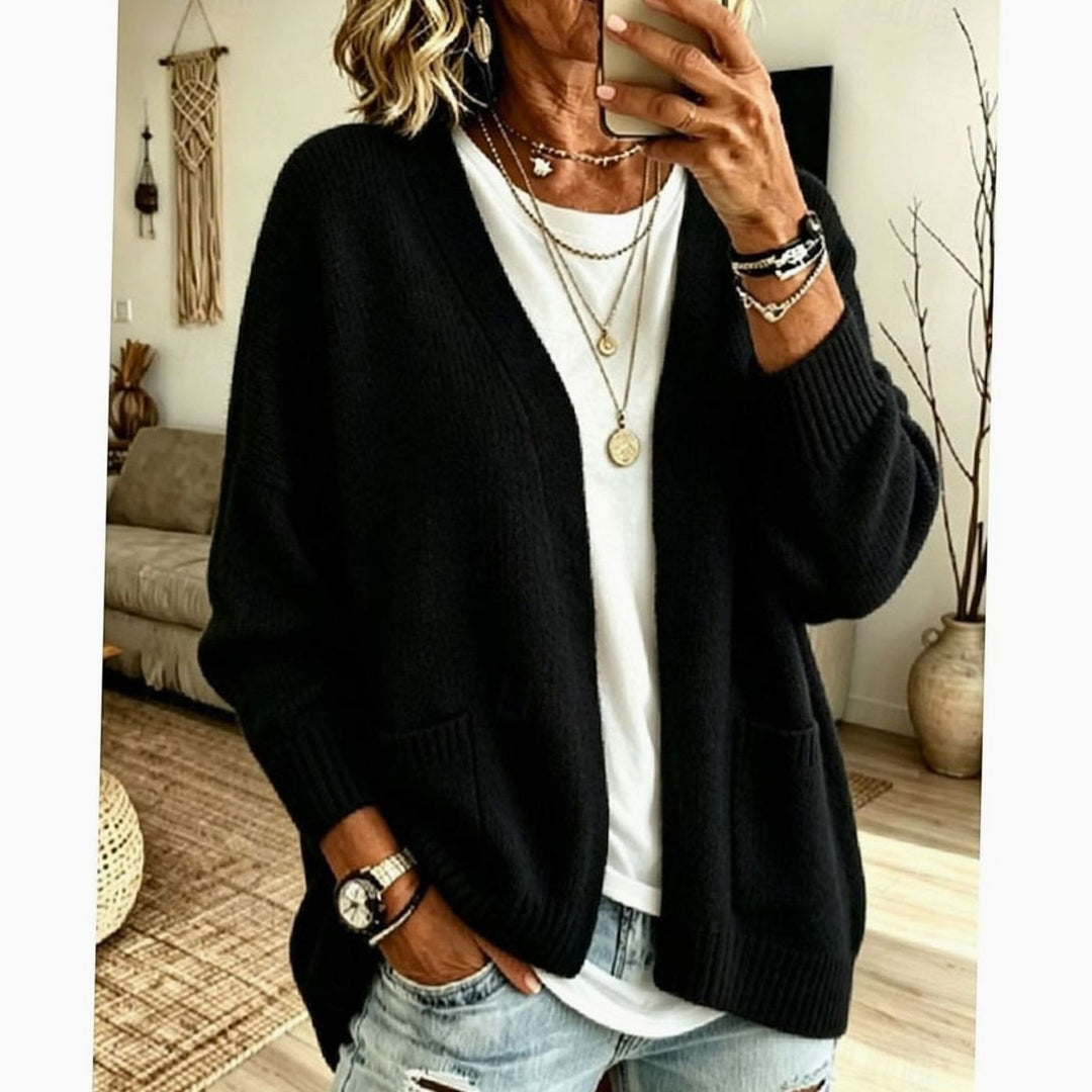 Women's Relaxed Open-Front Knit Cardigan Sweater Pockets