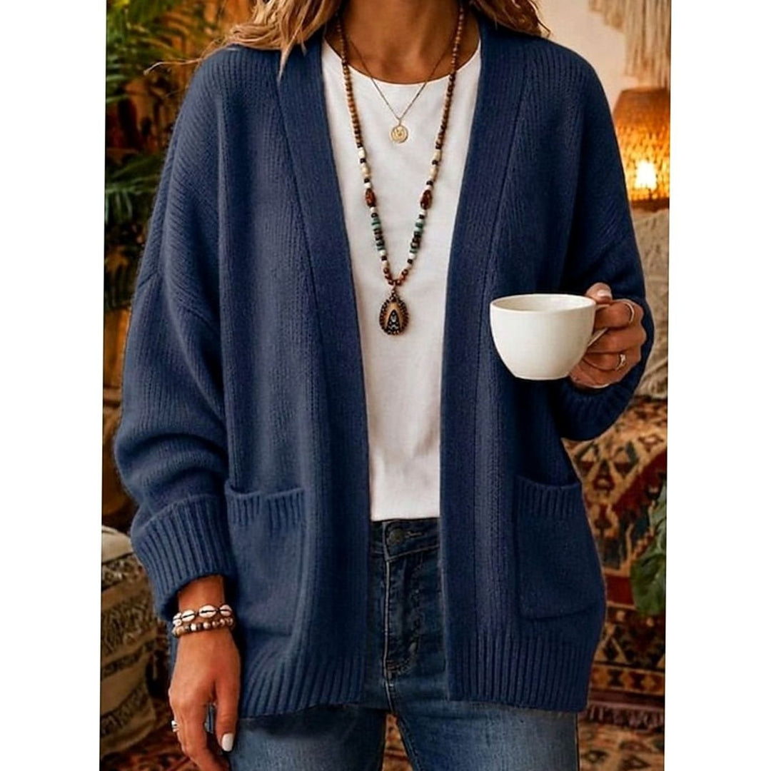 Women's Relaxed Open-Front Knit Cardigan Sweater Pockets - Blue