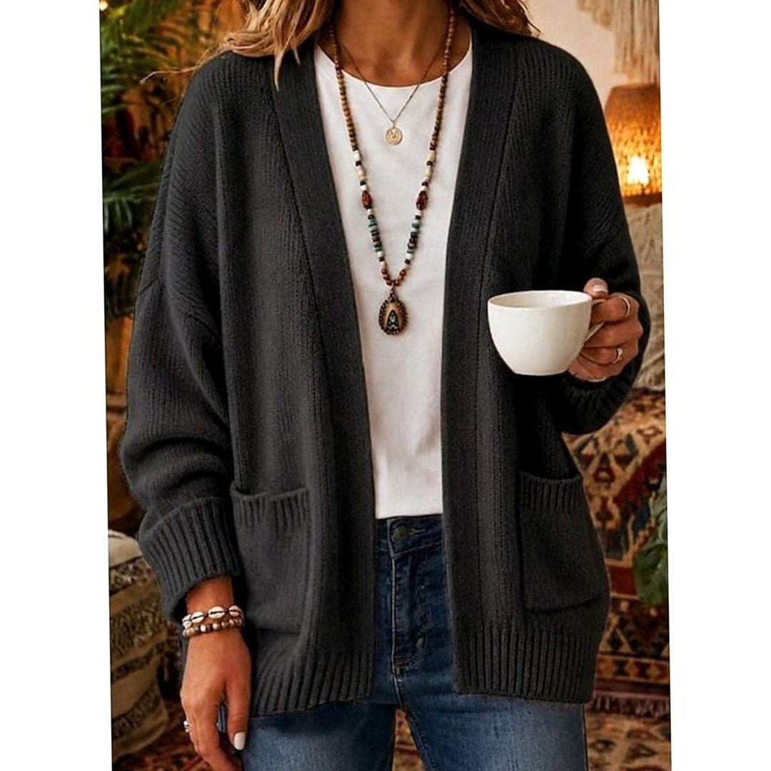 Women's Relaxed Open-Front Knit Cardigan Sweater Pockets - Black
