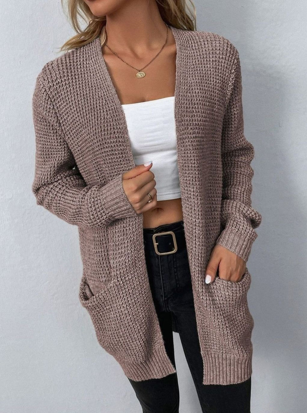 Women's Relaxed Open-Front Waffle-Knit Cardigan - Light Pink