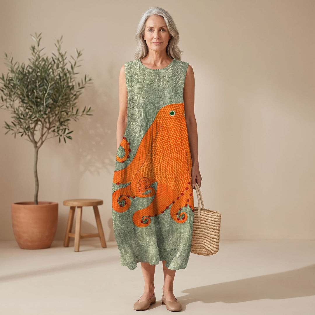 Women's Relaxed Sleeveless Octopus Print Midi Dress - Multicolor