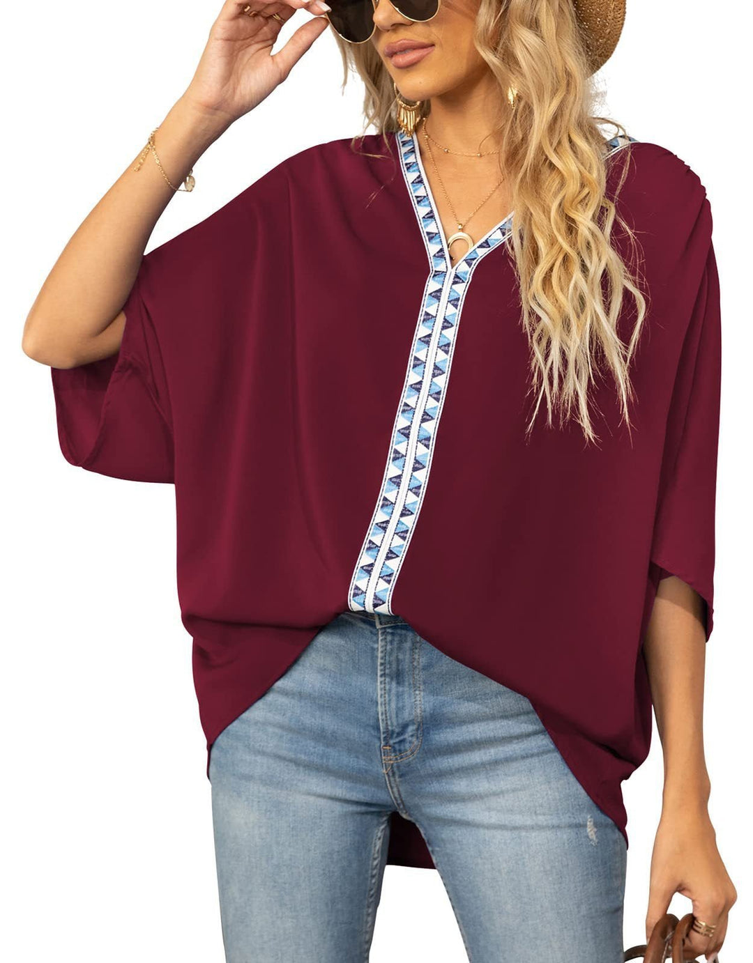 Women's Relaxed V-Neck Geometric Trim Oversized Tunic Top - Gelb