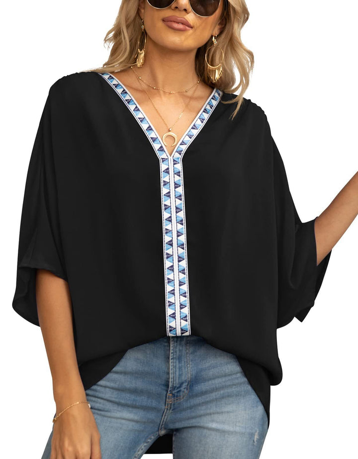 Women's Relaxed V-Neck Geometric Trim Oversized Tunic Top - Schwarz