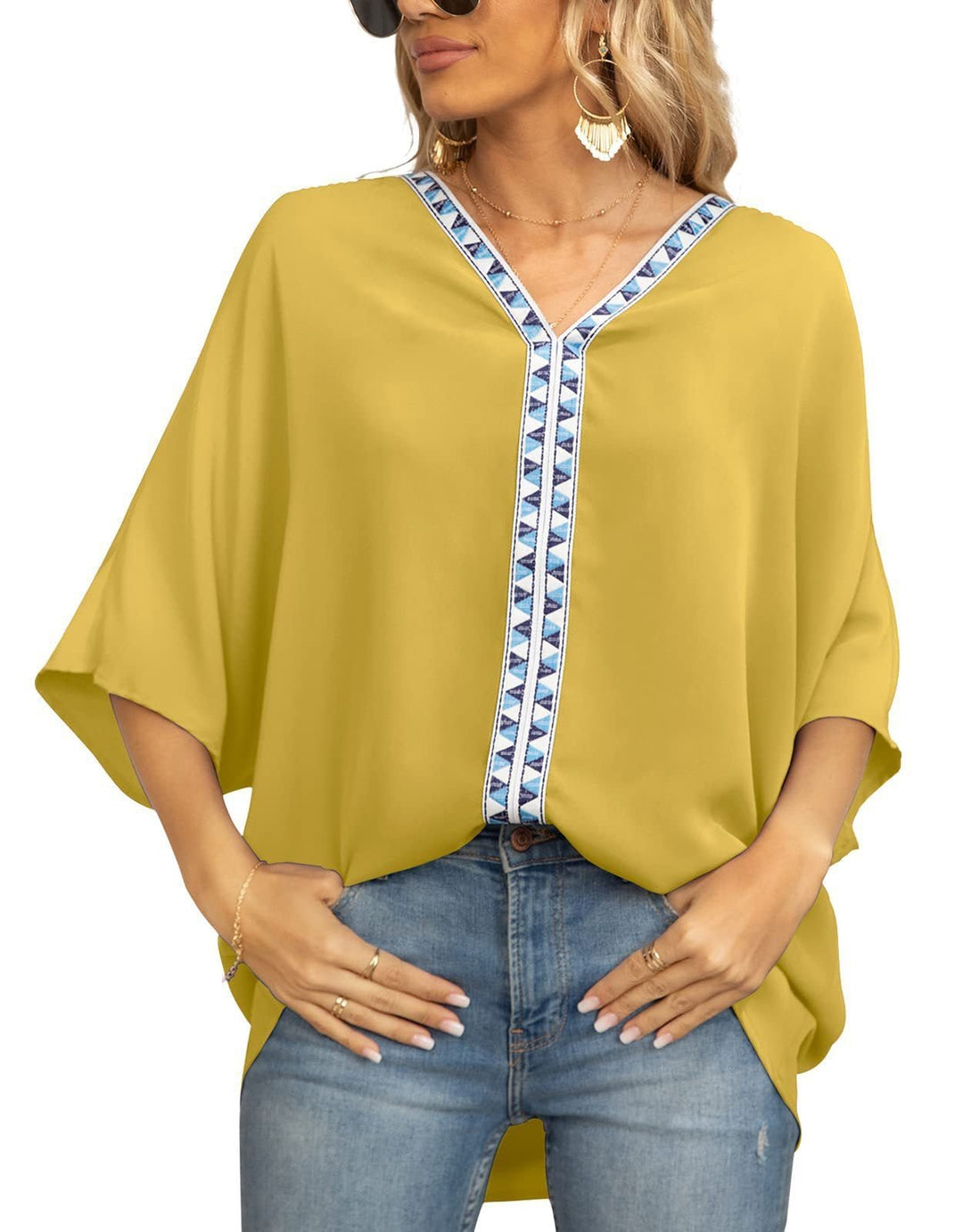 Women's Relaxed V-Neck Geometric Trim Oversized Tunic Top - Blume