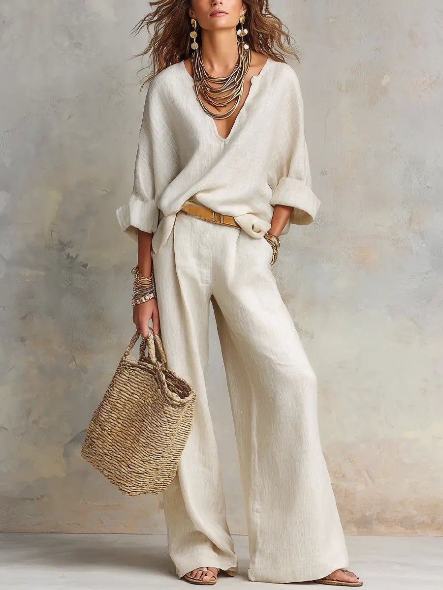 Women's Relaxed V-Neck Linen Two-Piece Wide Leg Pants Set - White